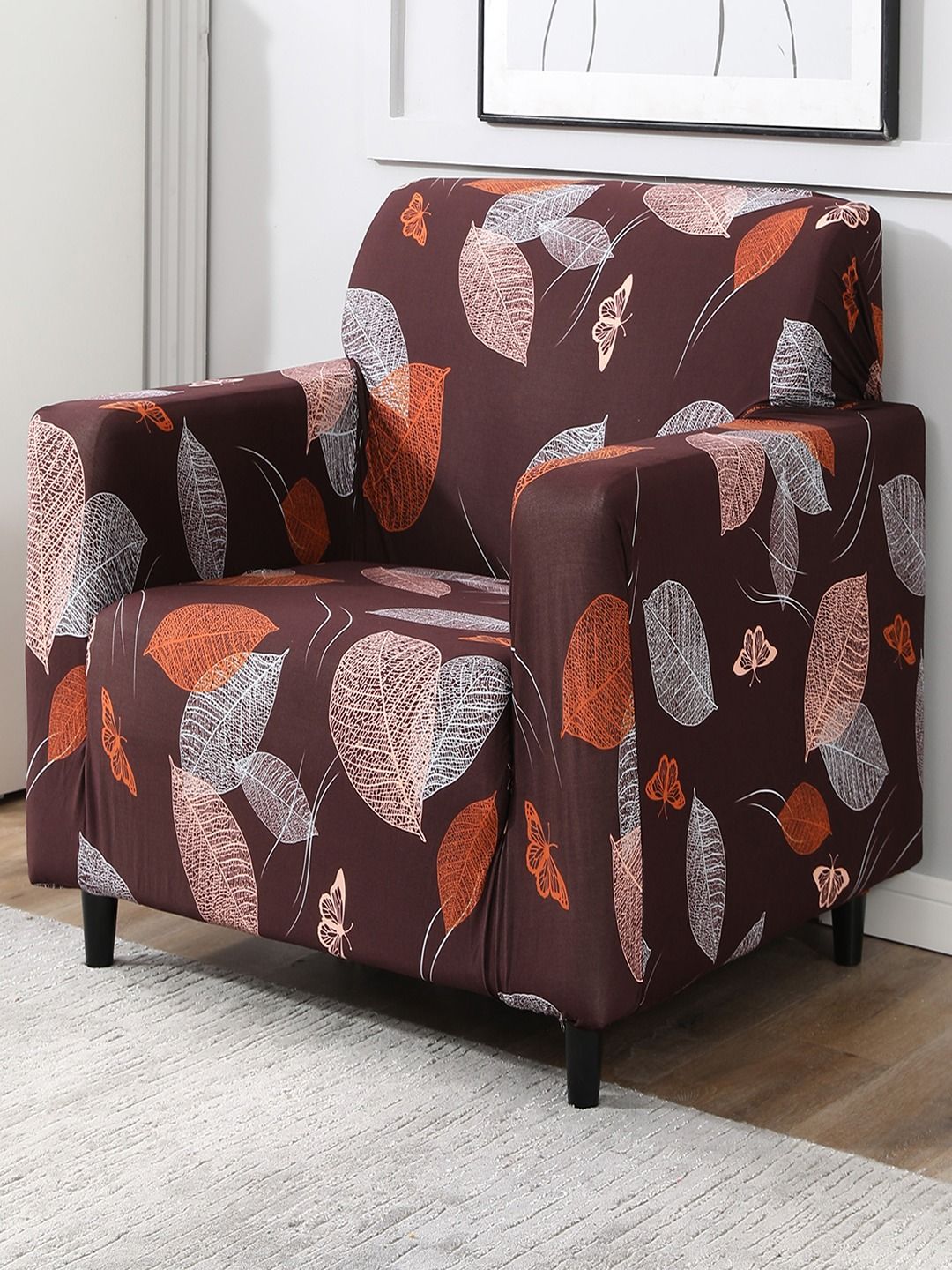 HOKIPO Elastic Stretchable Leaf Polyester Straight Single Seater Sofa Cover-55x20x35In