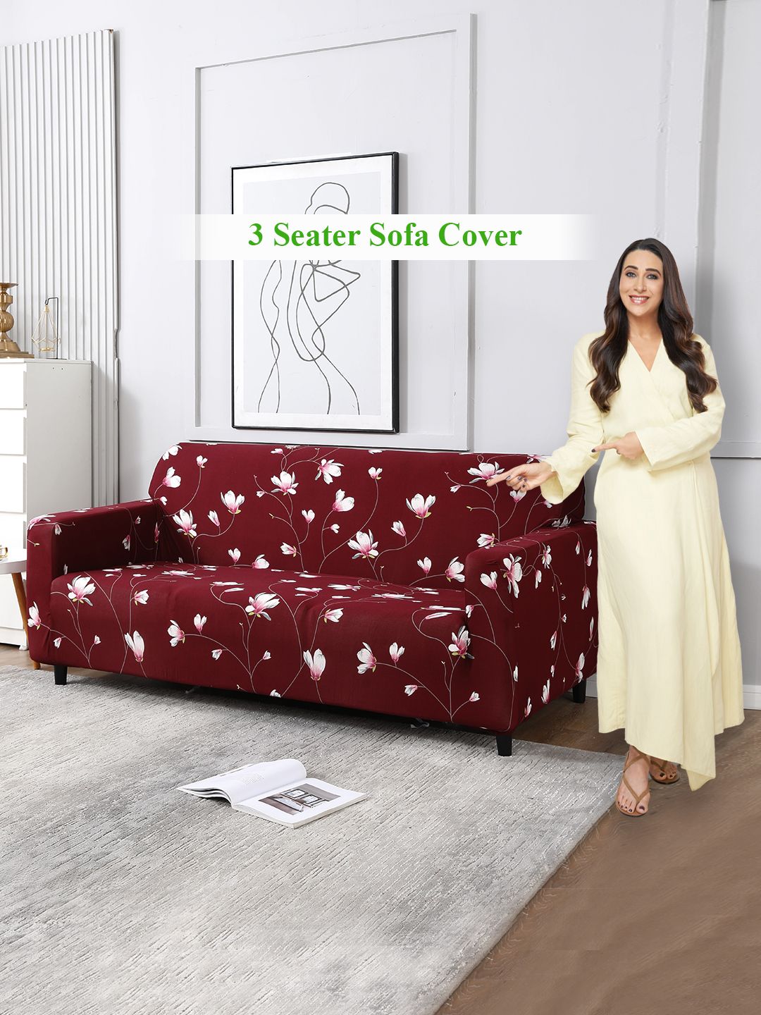 HOKIPO Stretchable Elastic Floral Polyester Straight 3 Seater Sofa Cover-91x20x35In