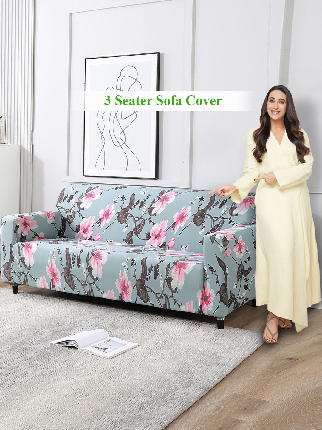 HOKIPO Stretchable Floral Polyester Stretch Fit Straight 3 Seater Sofa Cover-91x20x35In