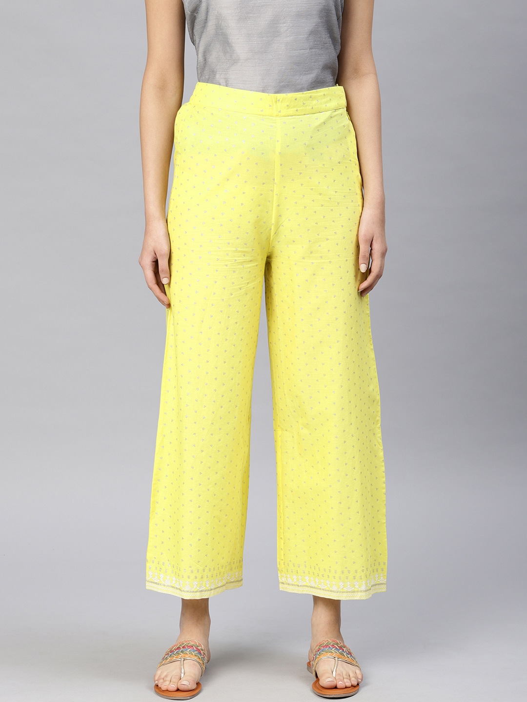 W Women Yellow Printed Straight Cropped Palazzos Price in India