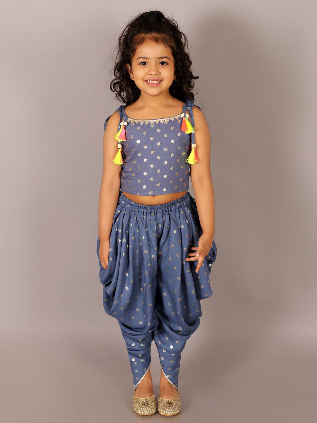 LIL DRAMA Girls Floral Foil Printed Top With Dhoti Pants