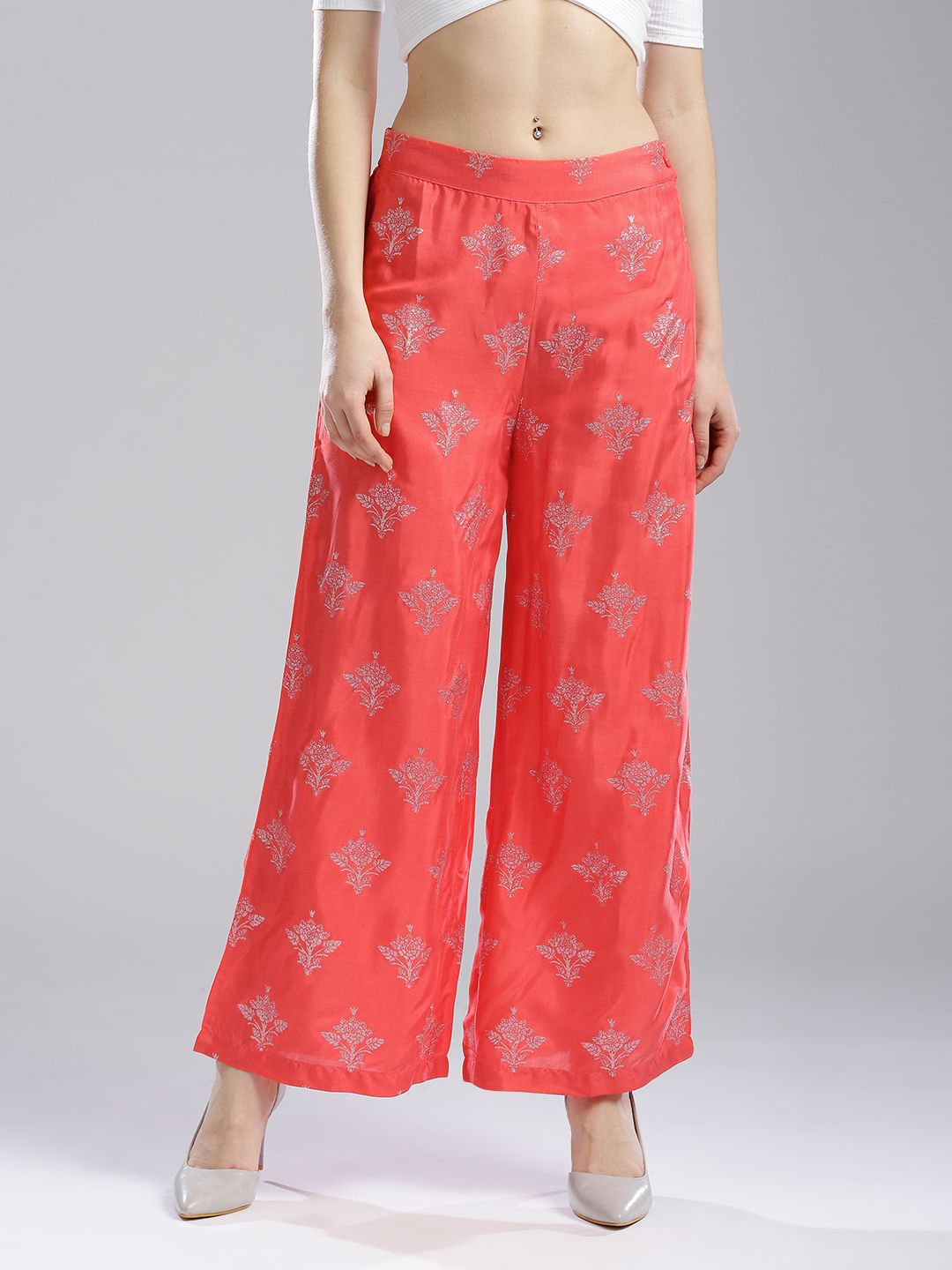 WISHFUL by W Women Coral Orange Regular Fit Self Design Parallel Trousers Price in India