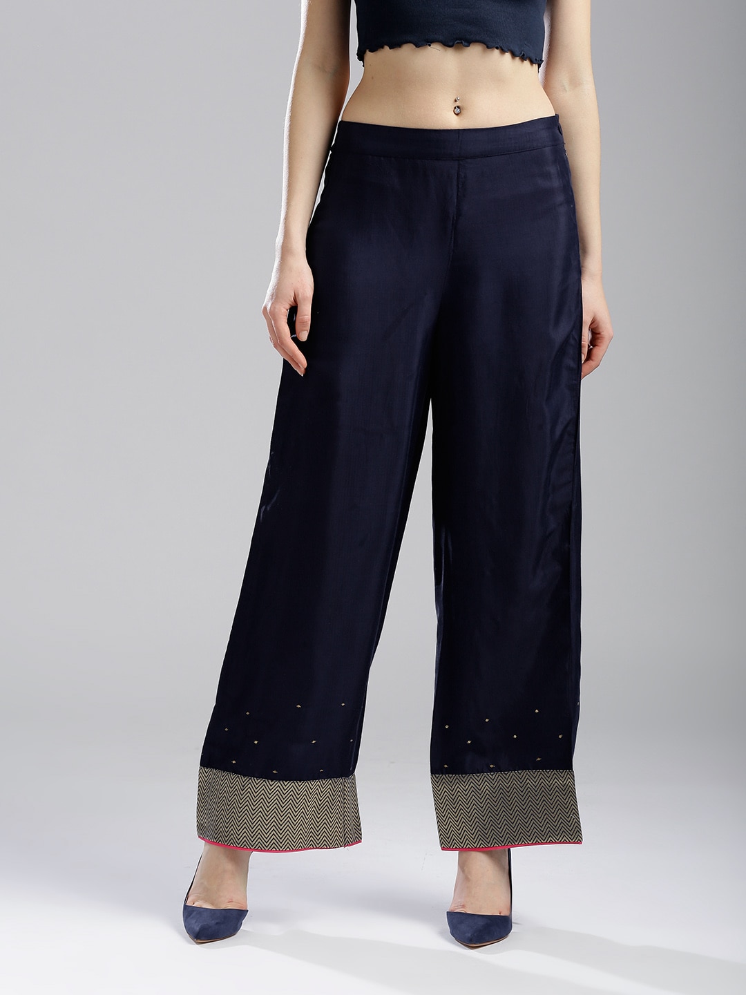 WISHFUL by W Women Navy Blue Solid Wide Leg Palazzos Price in India