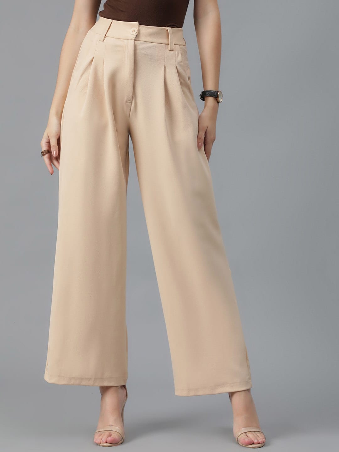 Kotty Women Beige Relaxed Straight Leg High-Rise Easy Wash Parallel Trousers Price in India