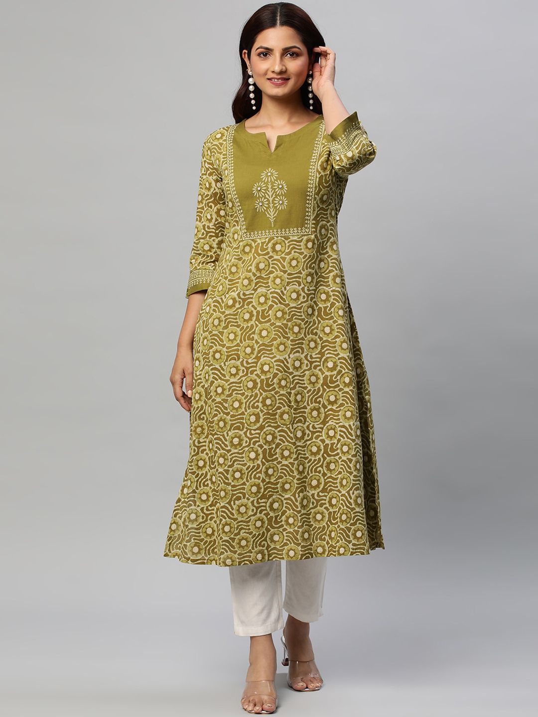 KAMI KUBI Ethnic Motifs Block Printed Pure Cotton A-Line Kurta Price in India