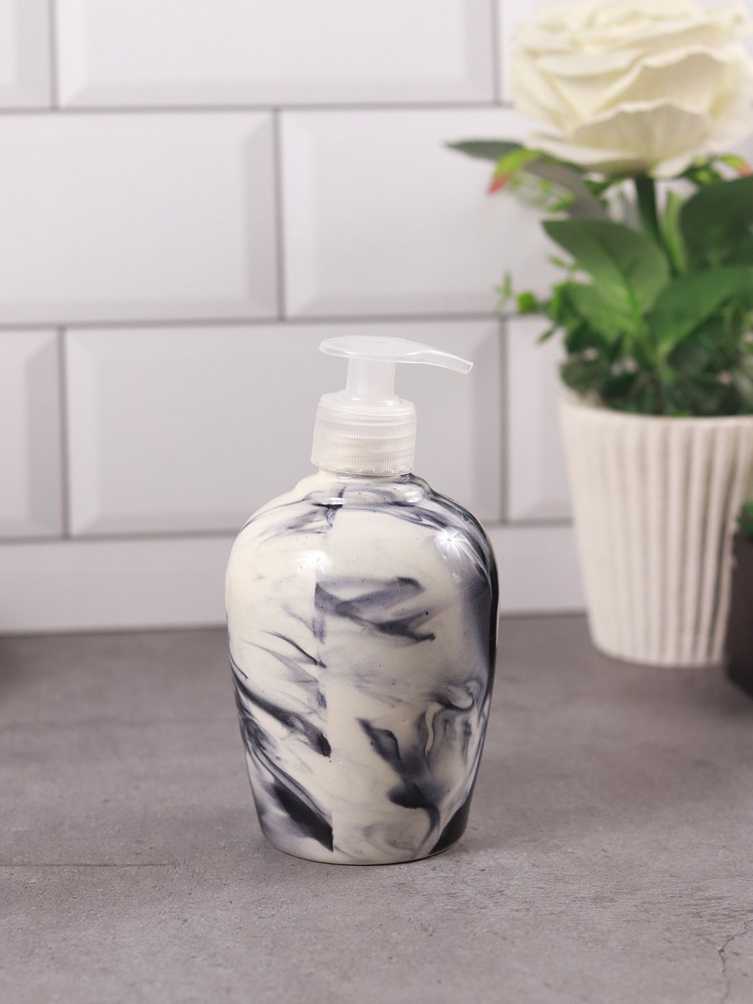 Unravel India White & Grey Printed Ceramic Soap Dispenser