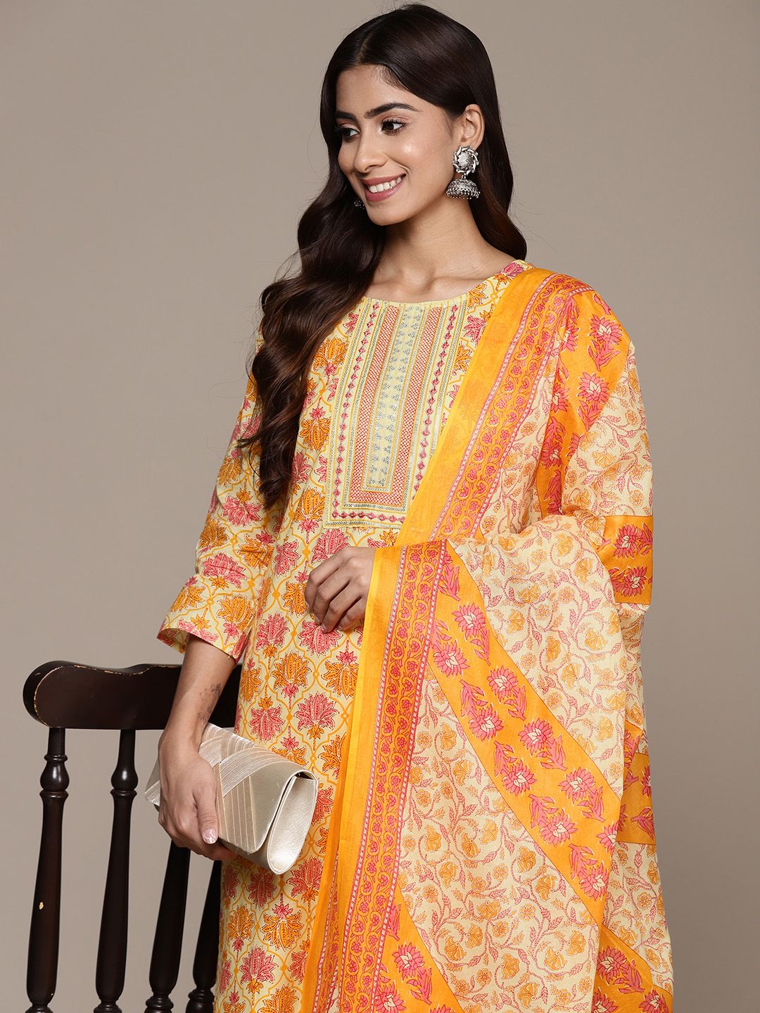 Anubhutee Women Orange Floral Printed Regular Sequinned Pure Cotton Kurta with Trousers & With Dupatta Price in India