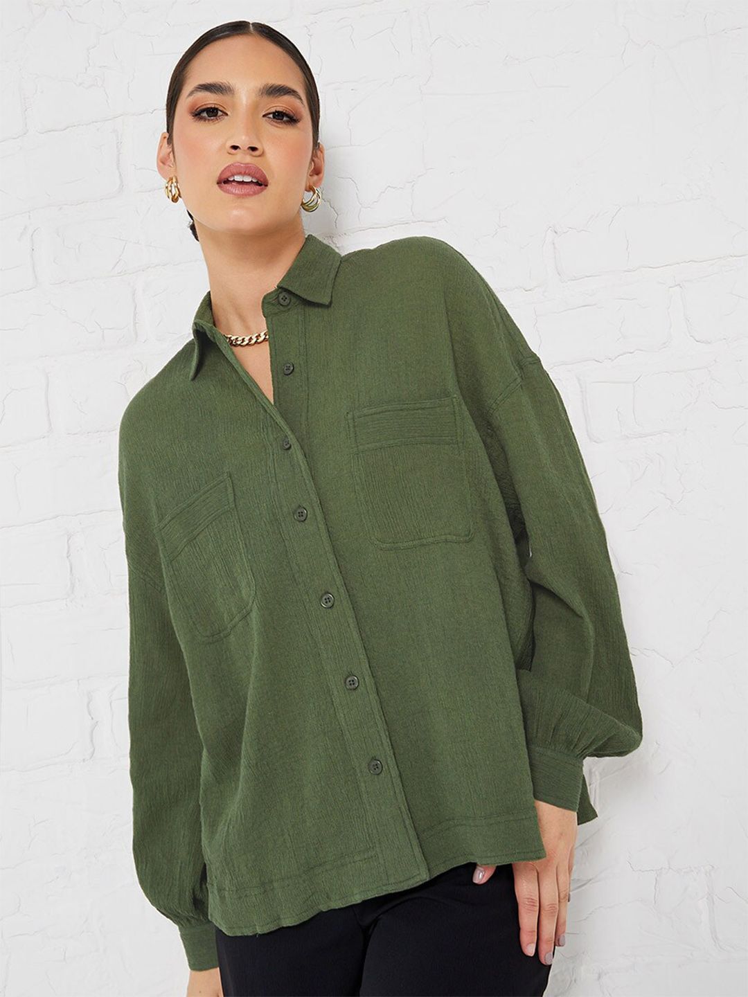 Styli Green Drop-Shoulder Sleeves Oversized Cotton Casual Shirt Price in India