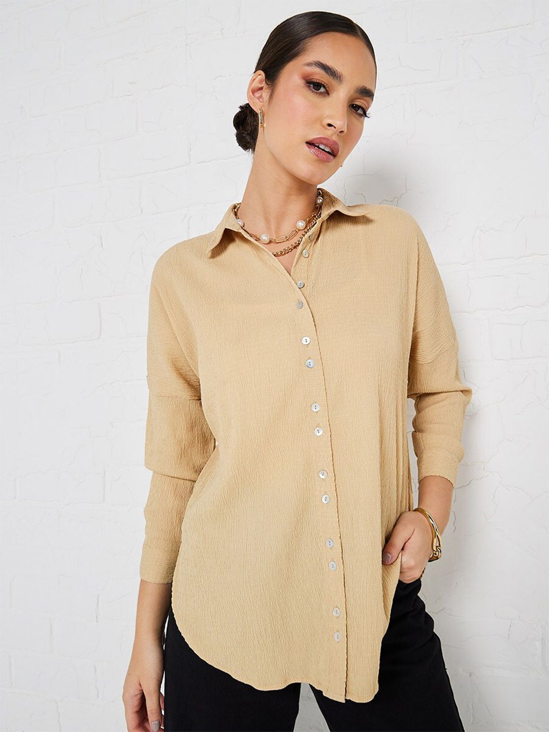 Styli Beige Spread Collar Casual Longline Crepe Shirt Price in India