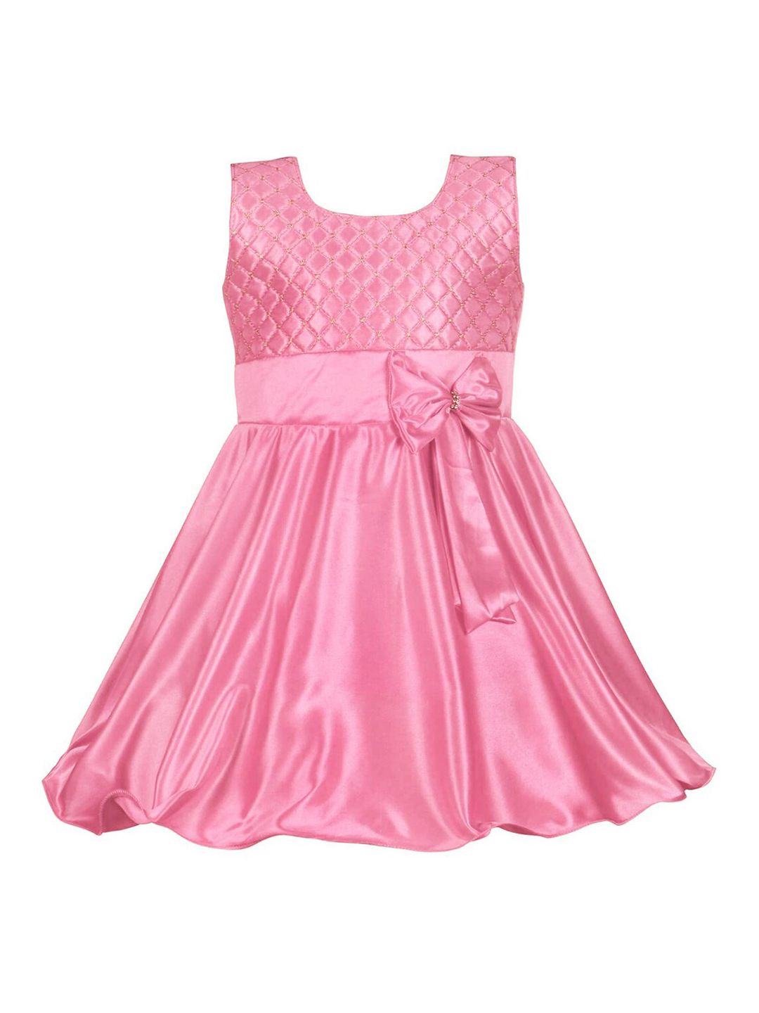 Wish Karo Pink Girls Embroidered Tie-Up Round Neck Silk A-Line Dress