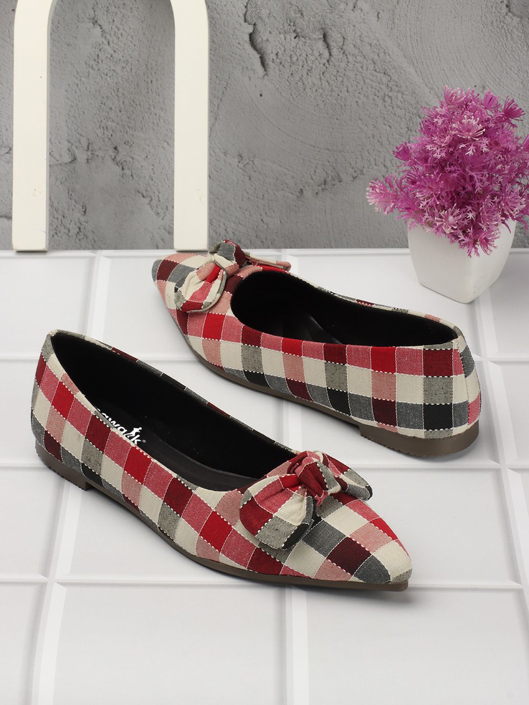 Longwalk Pointed Toe Checked Ballerinas With Bows