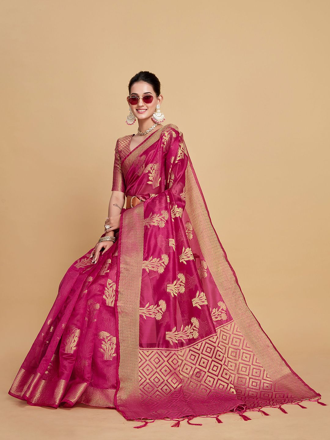 Sangria Floral Woven Design Organza Saree With Blouse Piece Price in India