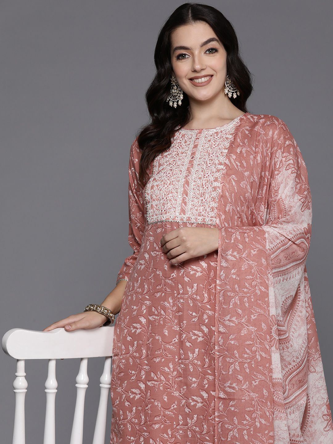 Indo Era Floral Embroidered Regular Thread Work Pure Cotton Kurta with Trousers & Dupatta Price in India