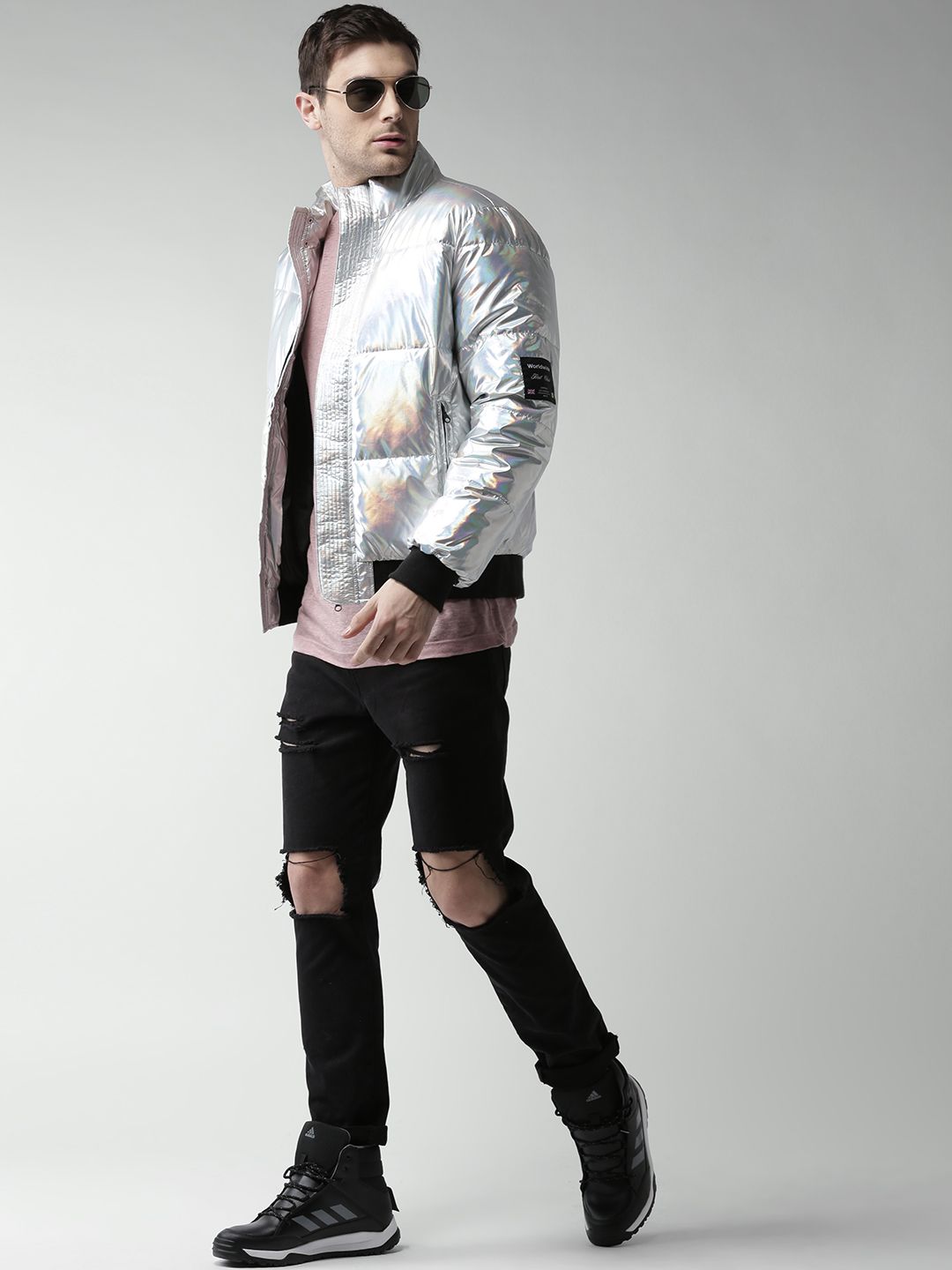 Buy FOREVER 21 Men Silver Bomber Jacket with Iridescent Effect