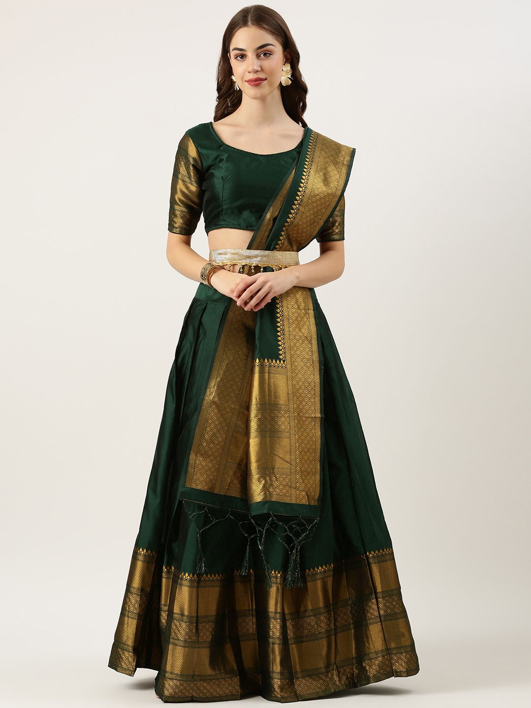 Fabcartz Woven Design Semi-Stitched Lehenga & Unstitched Blouse With Dupatta Price in India