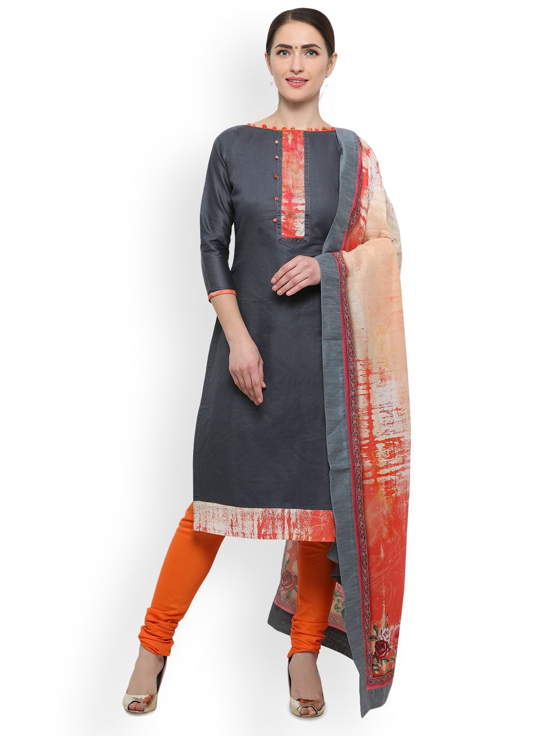 Saree mall Grey & Orange Cotton Blend Unstitched Dress Material Price in India