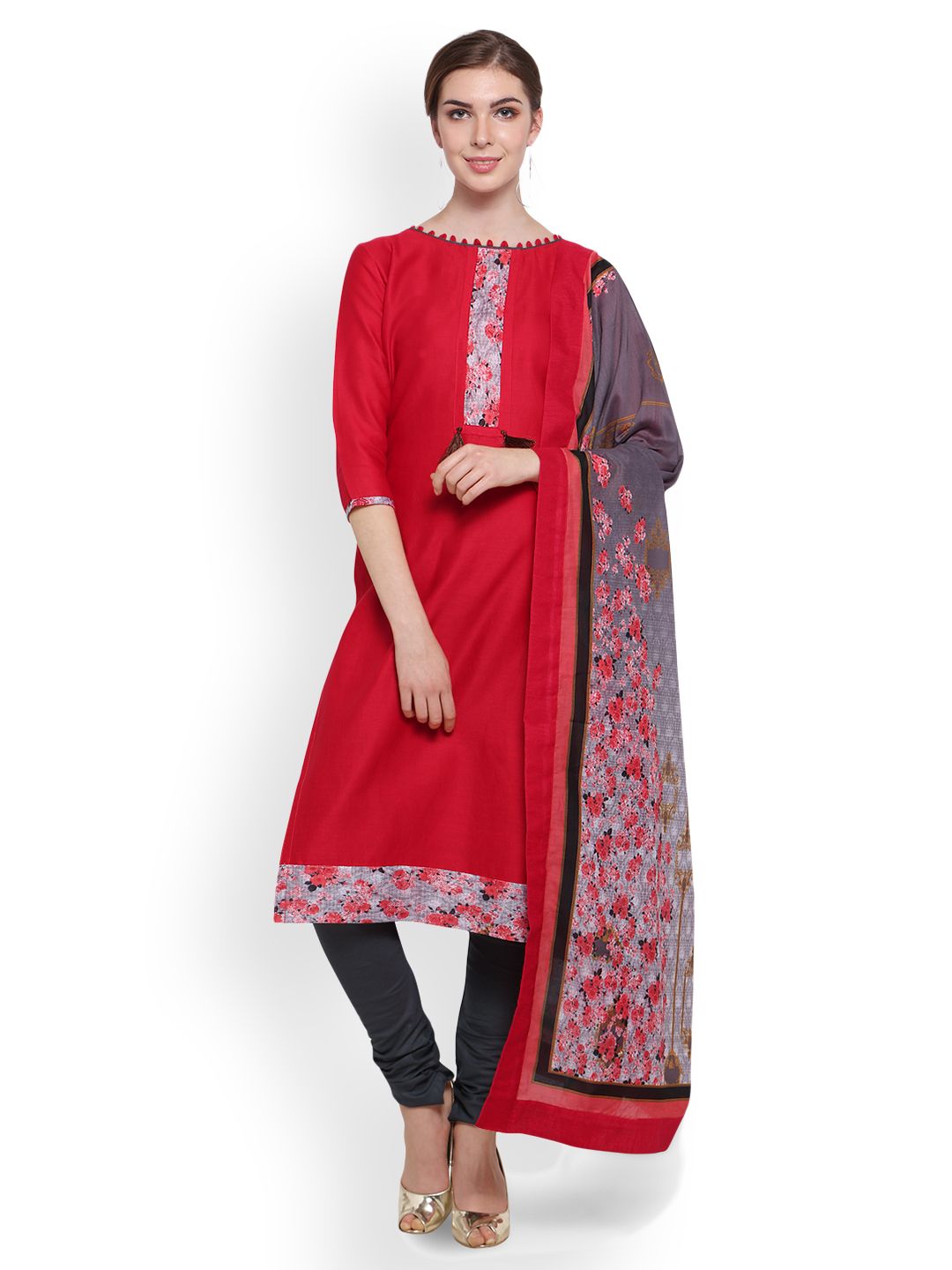 Saree mall Red & Charcoal Grey Cotton Blend Unstitched Dress Material Price in India