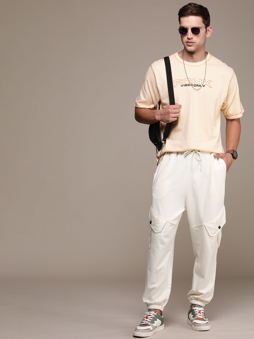 FCUK Typography Drop-Shoulder Sleeves Pure Cotton Applique Oversized T-shirt