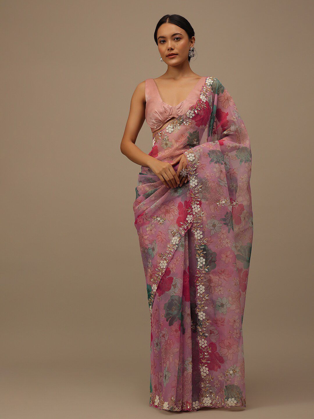KALKI Fashion Floral Printed Sequinned Organza Saree Price in India