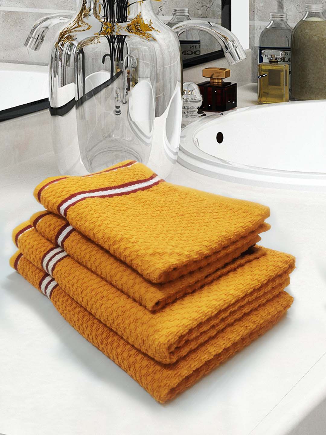 Athom Trendz 4-Pcs Yellow Textured 400 GSM Cotton Towel Set