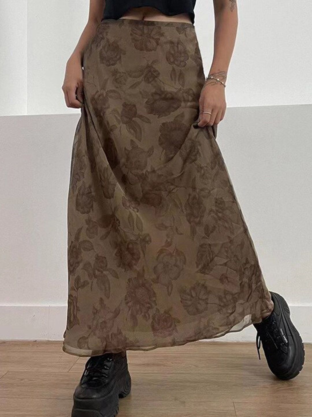 BoStreet Brown Floral Printed A-Line Maxi Skirt Price in India