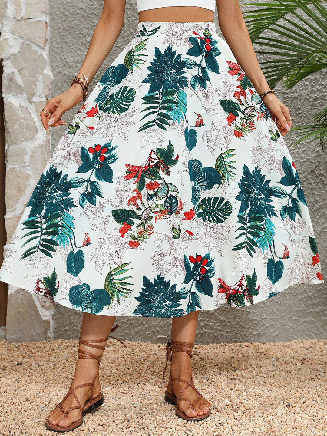 BoStreet White, Green & Red Floral Printed A Line Flared Midi Skirt Price in India
