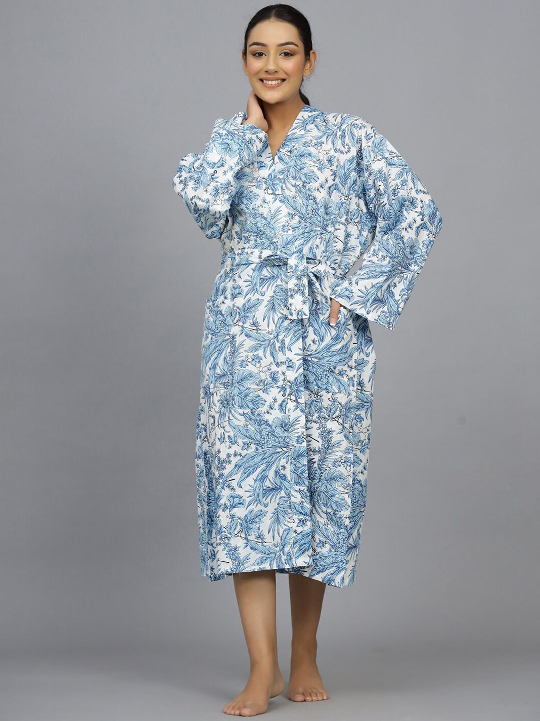 HANDICRAFT PALACE Turquoise Blue Pure Cotton Bath Robe