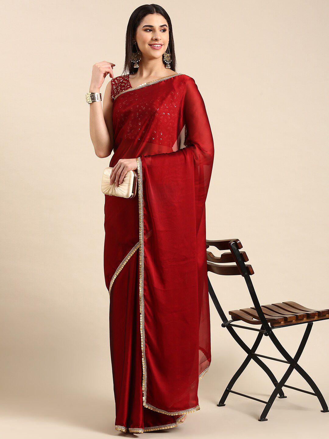 HERE&NOW Maroon Sequinned Poly Georgette Saree Price in India