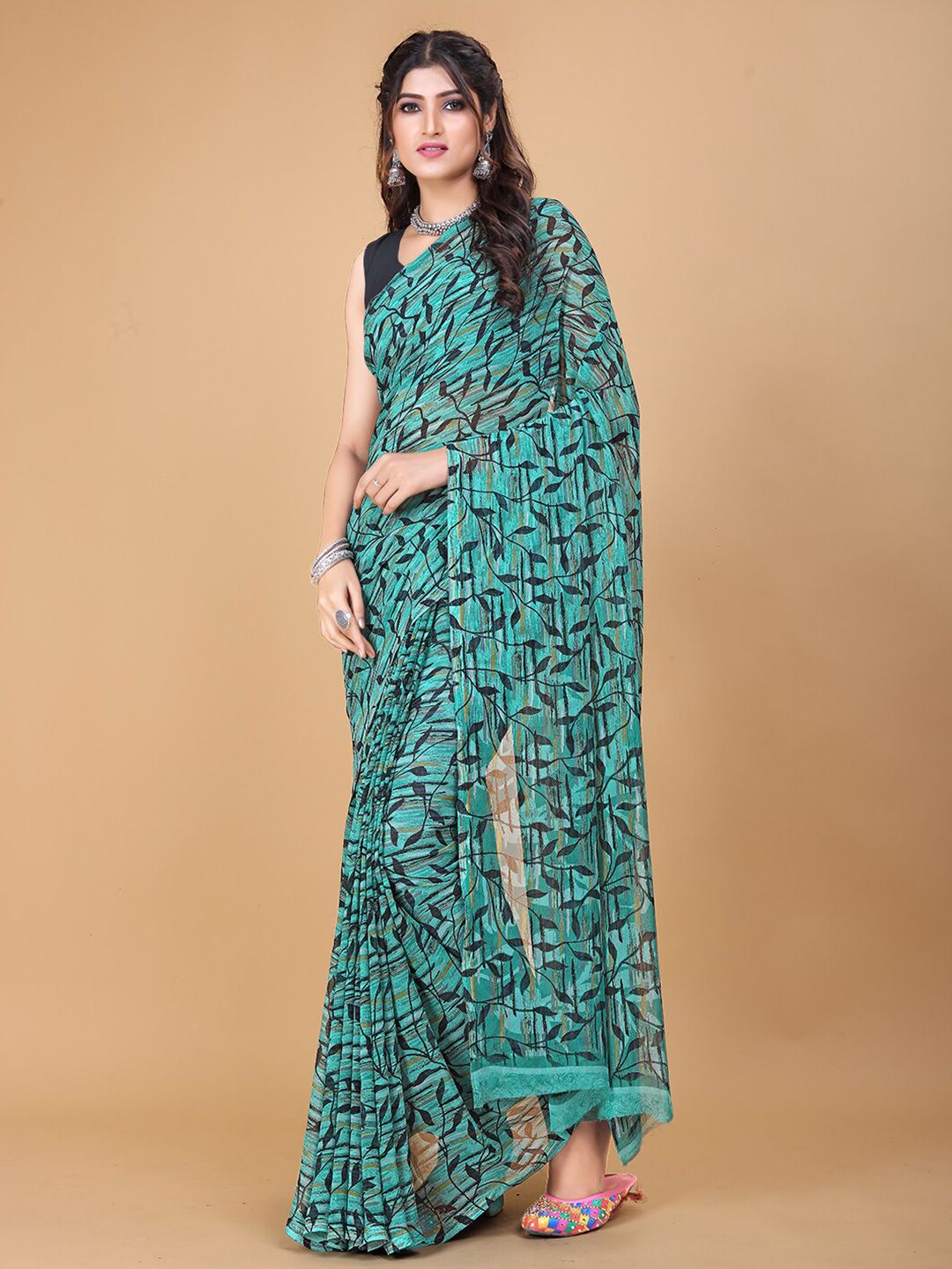 KALINI Green & Brown Floral Pure Georgette Saree Price in India