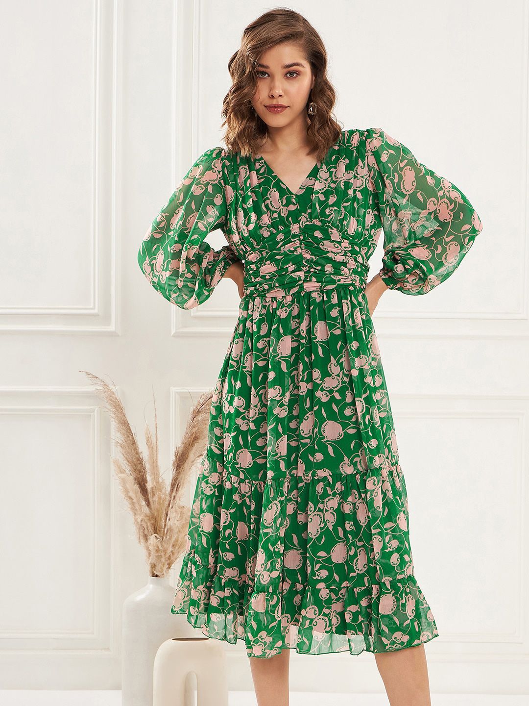 Antheaa Green Floral Printed V-Neck Puff Sleeve Pleated Tiered Fit & Flare Dress Price in India