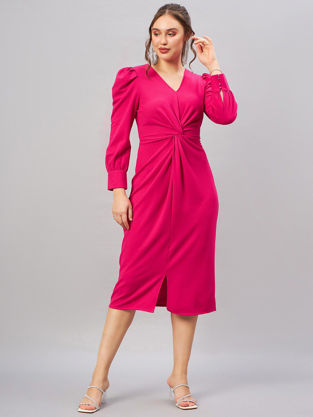 Antheaa Pink Shirt Collar Cuff Sleeves Pleated Sheath Midi Dress Price in India