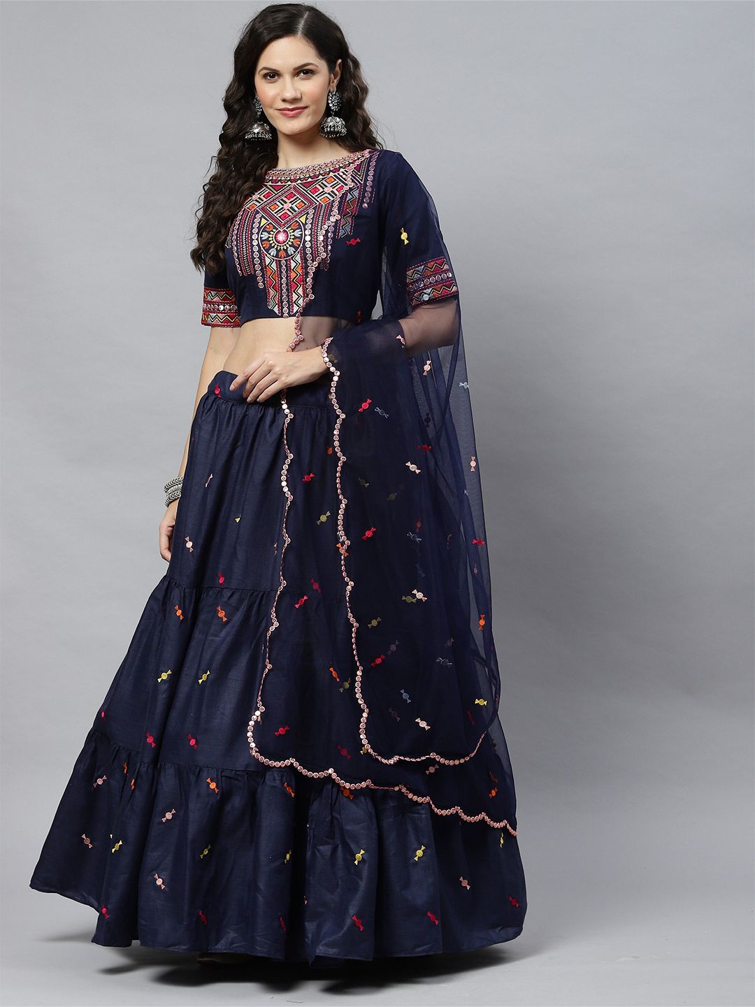 Sangria Navy Blue Embroidered Semi-Stitched Lehenga & Unstitched Blouse With Dupatta Price in India