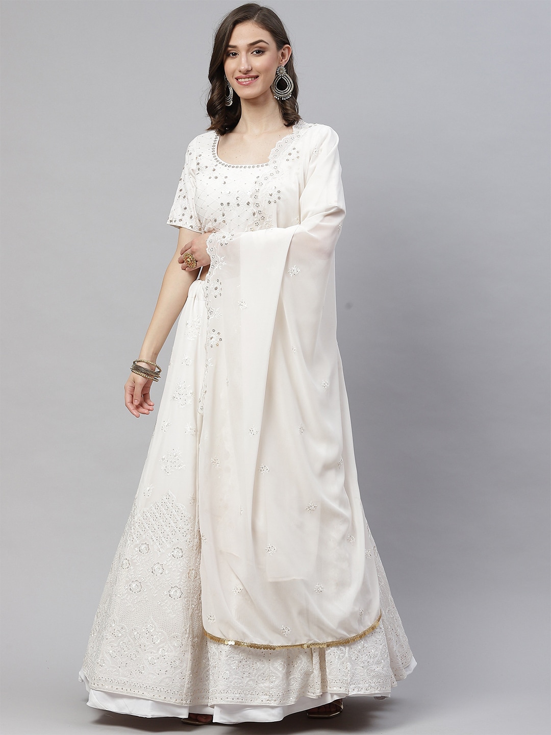 Sangria White Embellished Semi-Stitched Lehenga & Unstitched Blouse With Dupatta Price in India