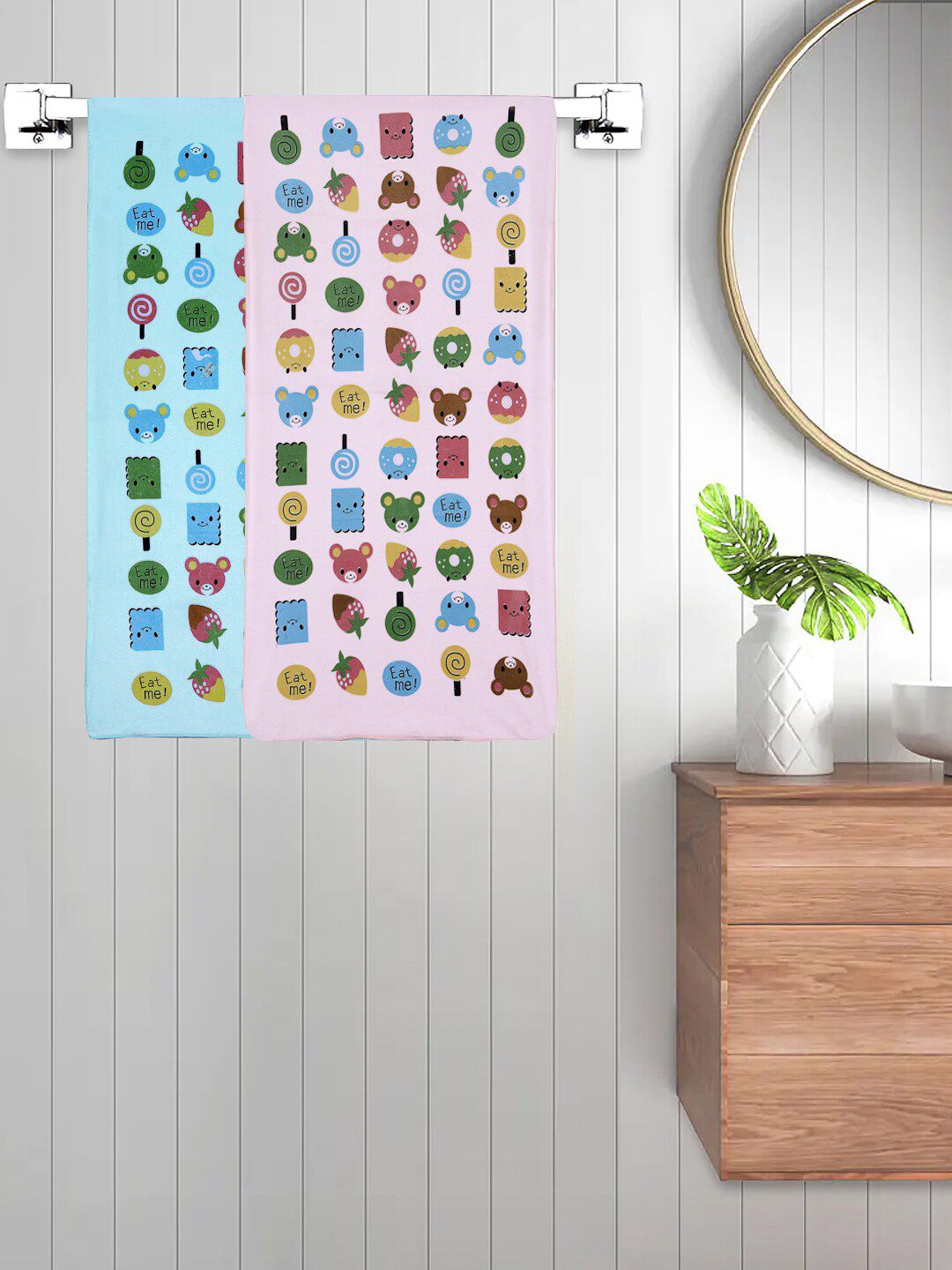 FABINALIV Kids Pink & Blue 2-Pieces Printed 420 GSM Cotton Bath Towels