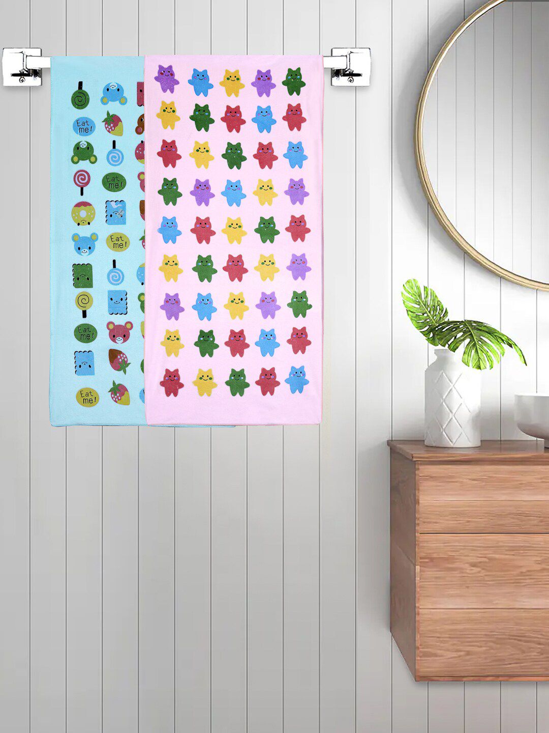 FABINALIV Kids Blue & Pink 2-Pieces Printed 225 GSM Cotton Bath Towels