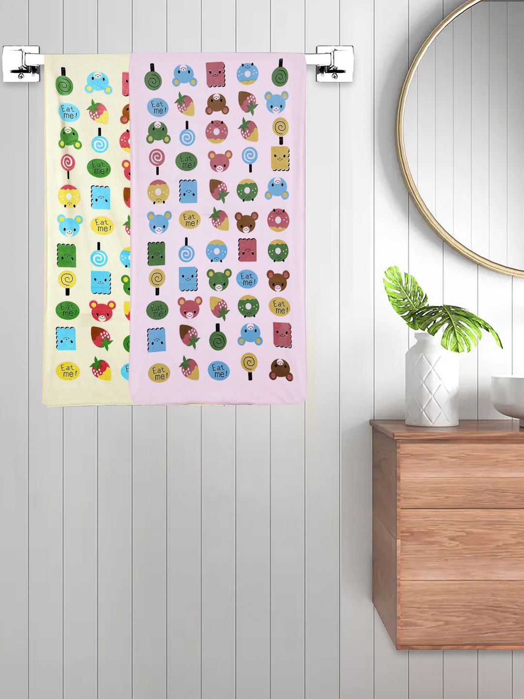 FABINALIV Pink & Yellow 2 Pieces Cartoon Printed 420 GSM Cotton Bath Towels