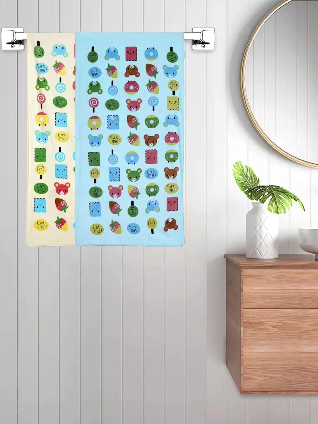 FABINALIV Blue & Yellow 2 Pieces Cartoon Printed 420 GSM Cotton Bath Towels