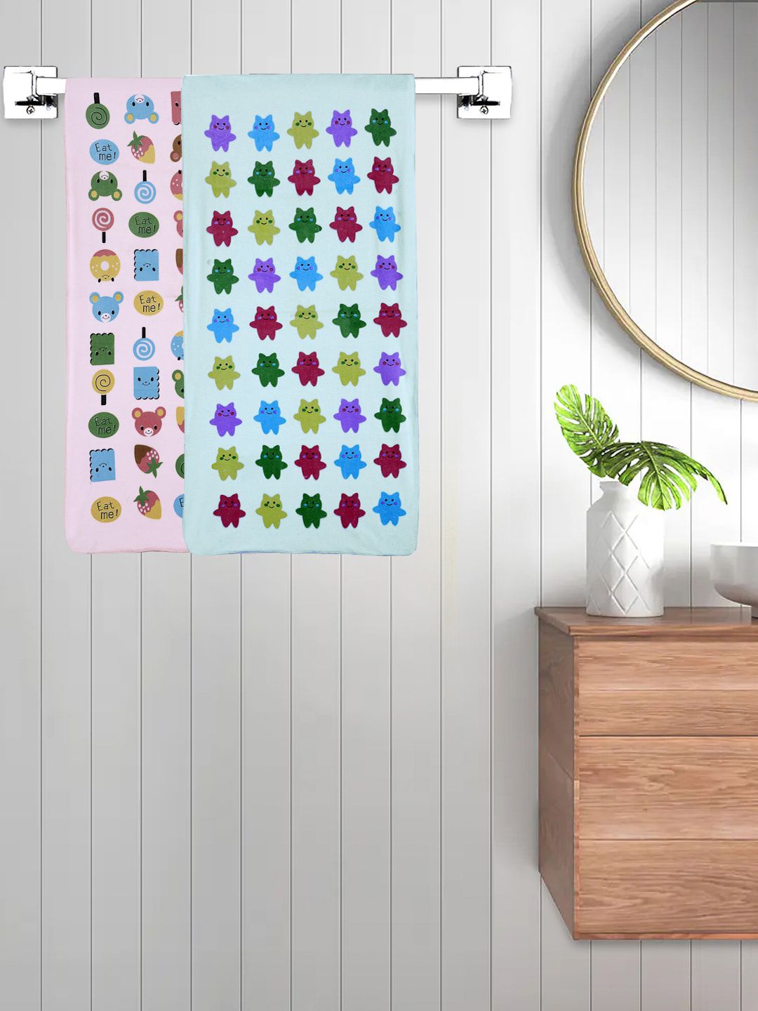 FABINALIV Blue & Pink 2 Pieces Cartoon Printed 420 GSM Cotton Bath Towels