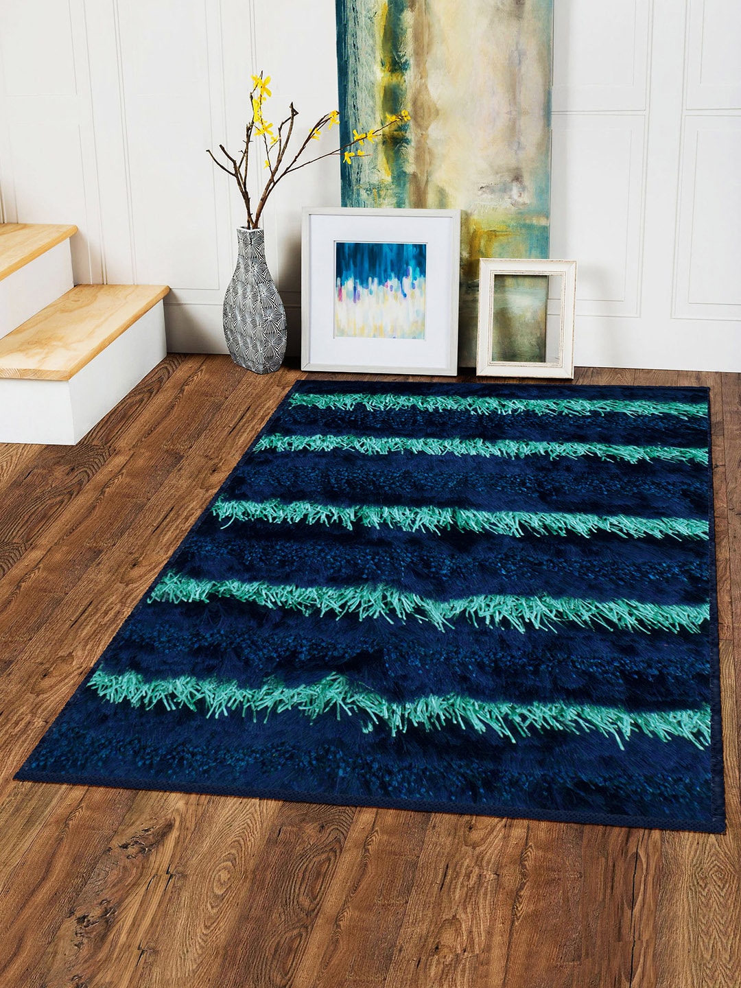 Story@home Blue Striped Carpet Price in India