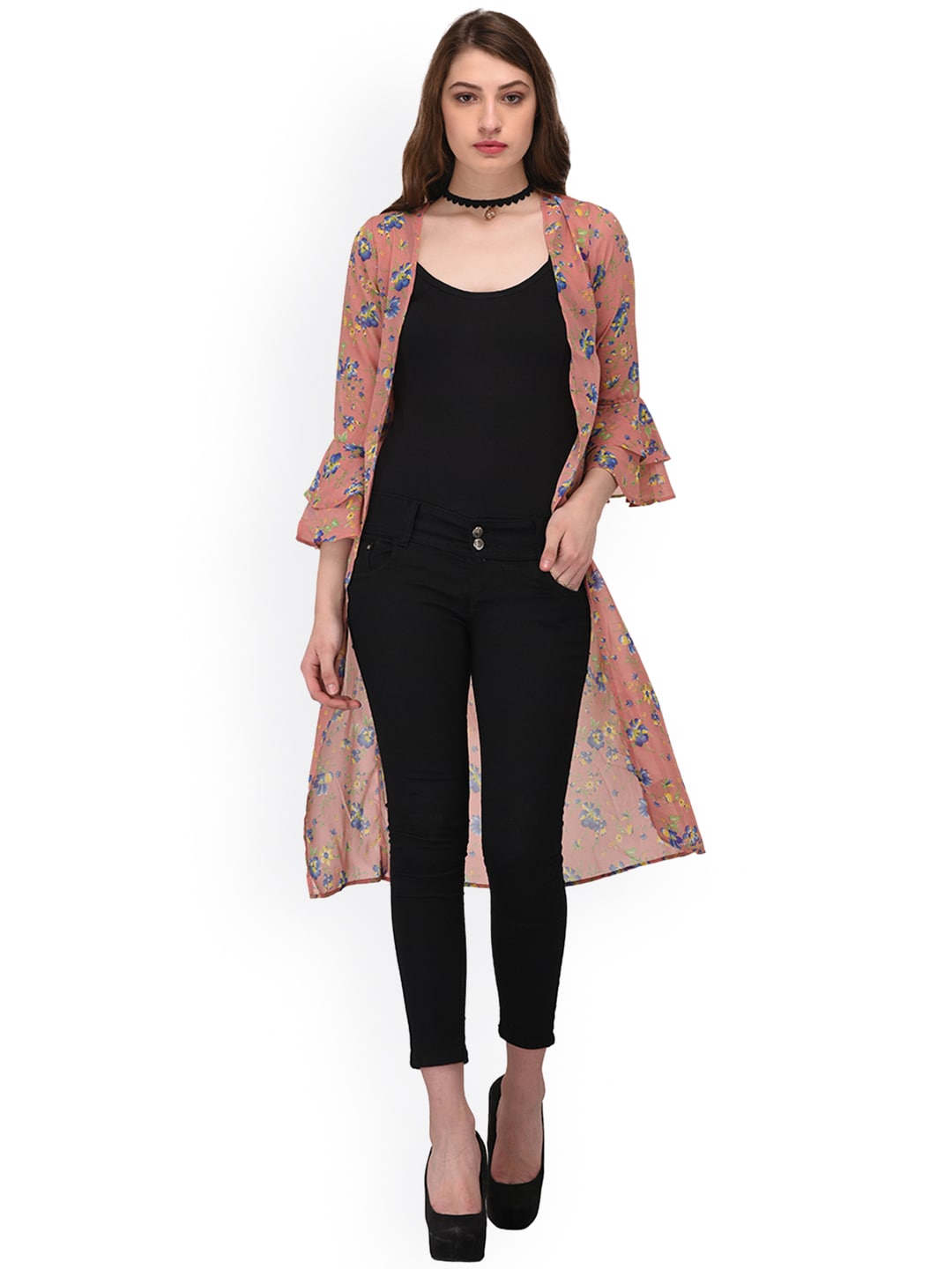PURYS Women Peach-Coloured Printed Open Front Shrug Price in India