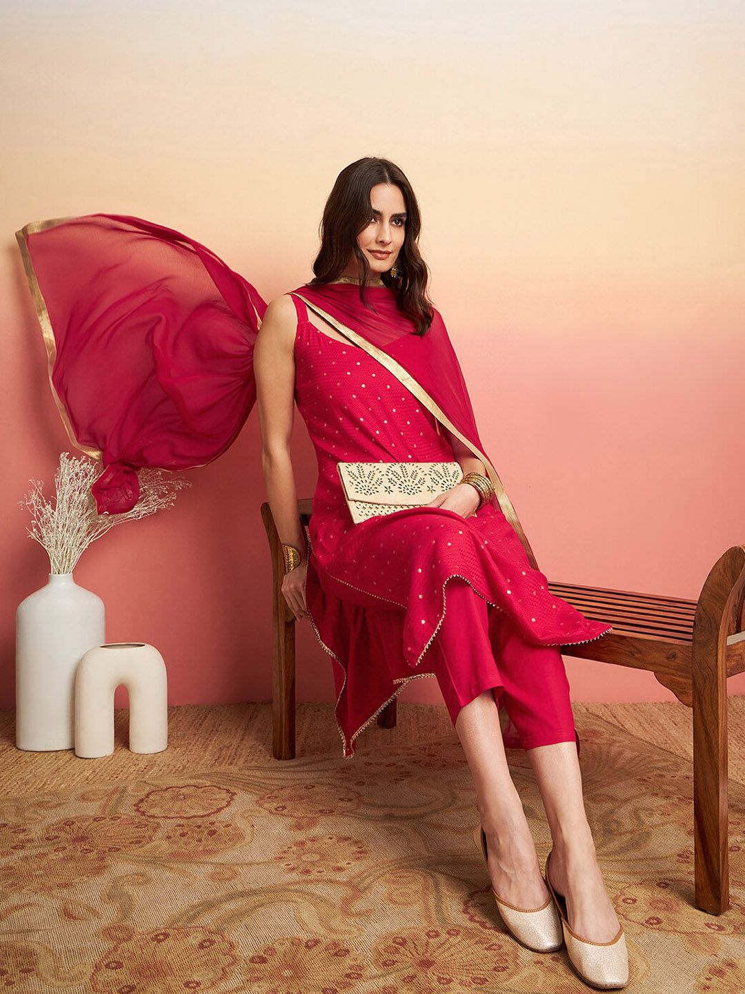 Sangria Embroidered Shoulder Straps Straight Kurta With Trousers & Dupatta Price in India