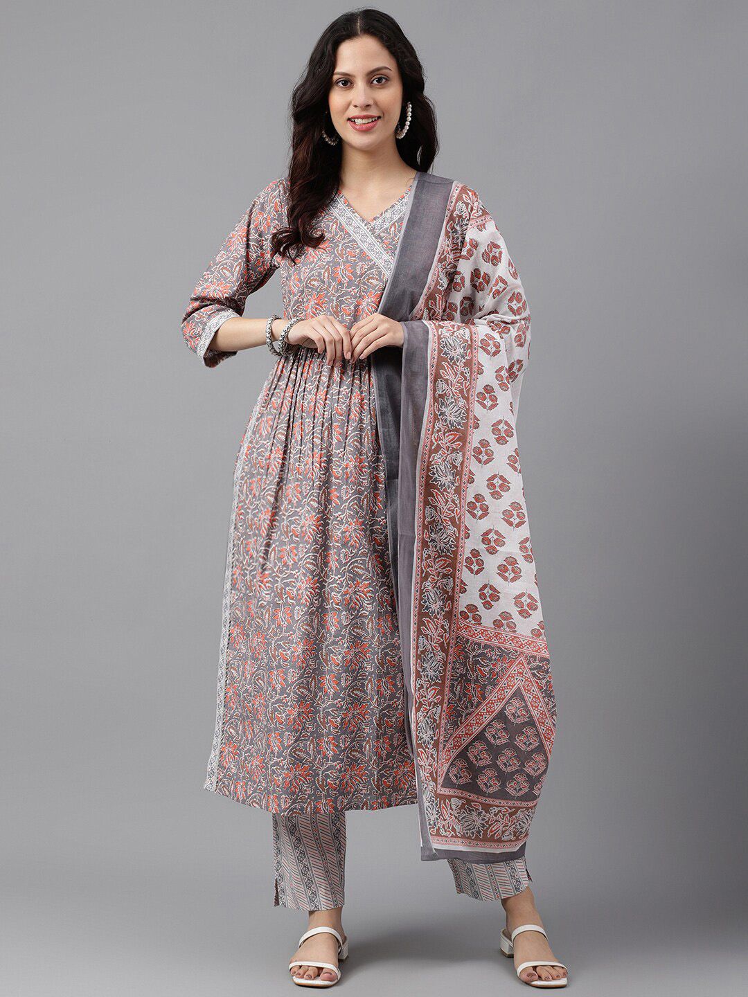 KALINI  V Neck Floral Printed Angrakha Pure Cotton Kurta & Trousers With Dupatta Price in India