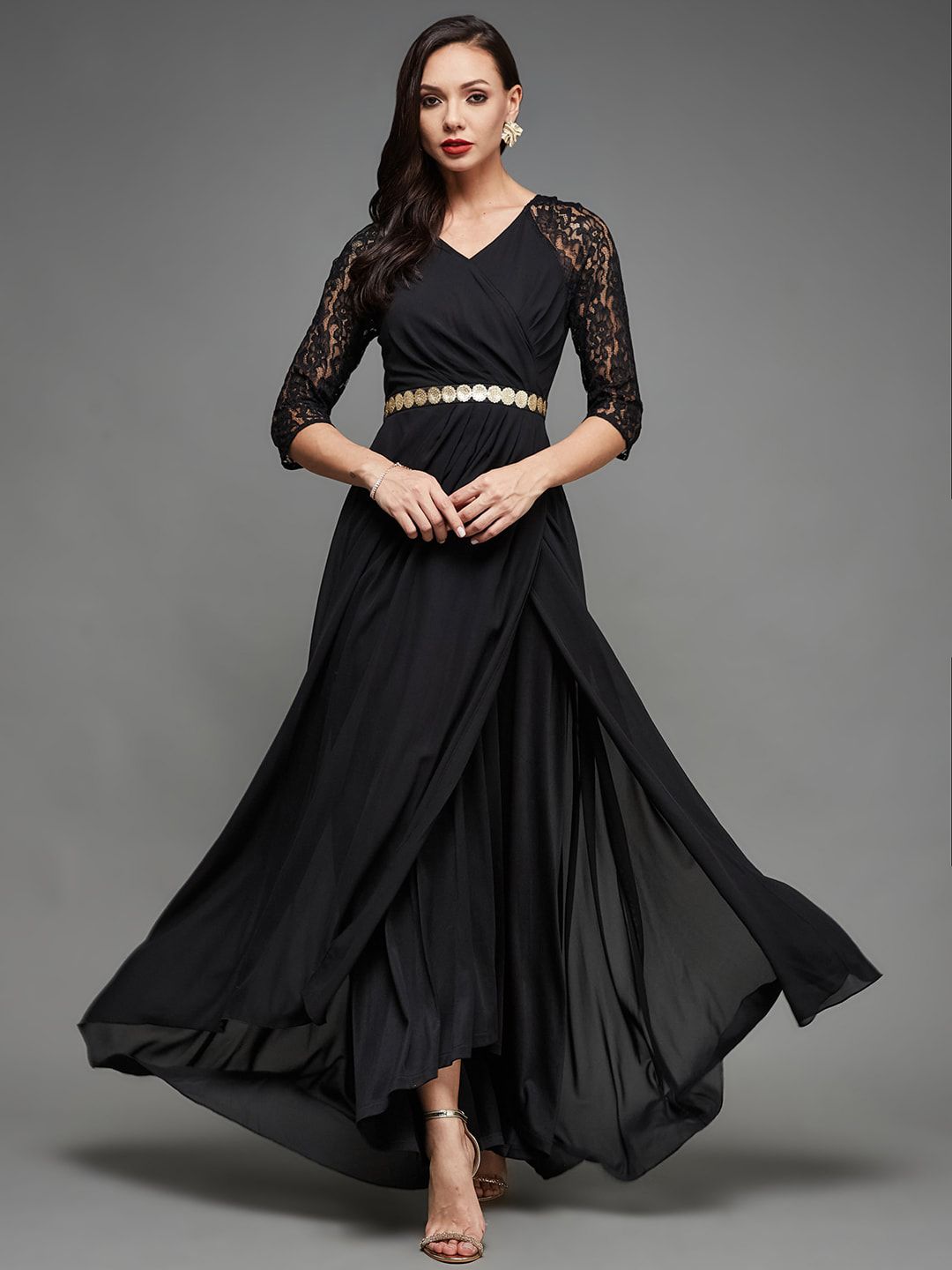 Miss Chase V-Neck Pleated Georgette Maxi Dress Price in India