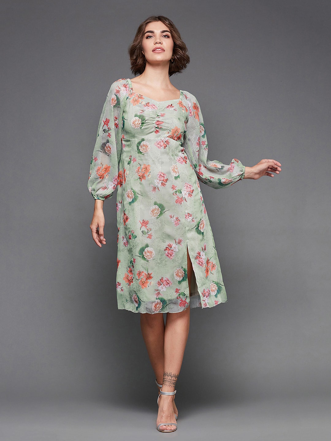 Miss Chase Green Floral Print Flared Sleeve Georgette A-Line Dress Price in India
