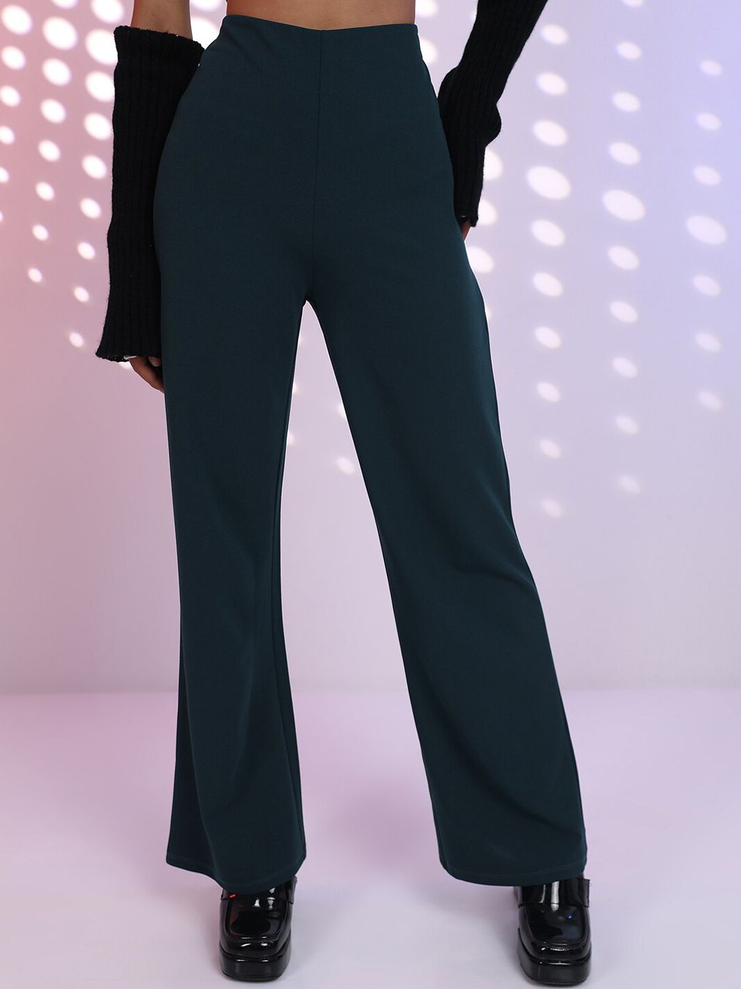 Tokyo Talkies Women Teal Flared Mid-Rise Parallel Trousers Price in India