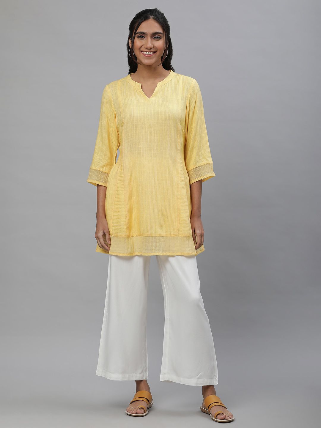 AURELIA Woven Design Mandarin Collar Panelled A-Line Kurti