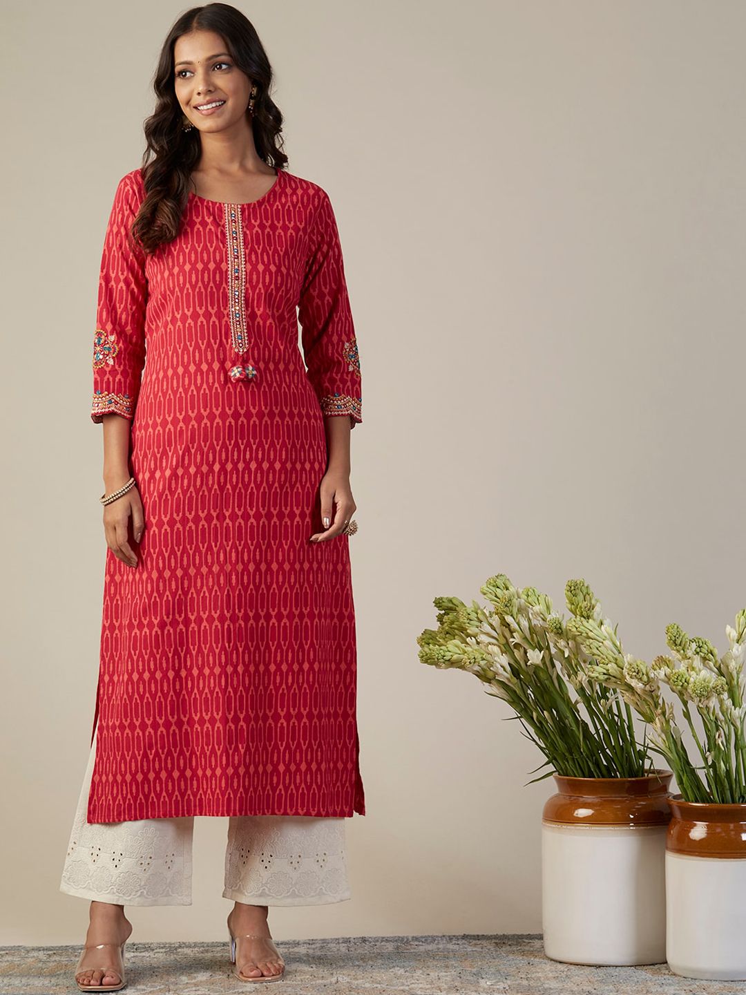 FASHOR Ethnic Motifs Printed Mirror Work and Thread Work Detailed Pure Cotton Kurta Price in India