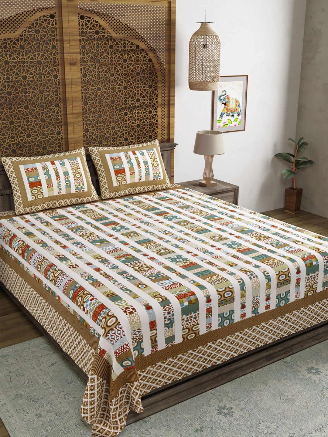 Sangria Sangria Brown Ethnic Motifs Cotton 210 TC King Fine Bedsheet with 2 Pillow Covers-228 x 274 cm