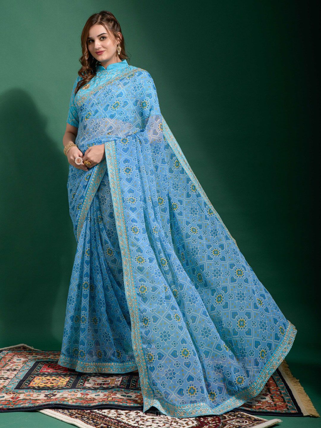 GAJARAI Blue & White Bandhani Poly Georgette Patola Saree Price in India