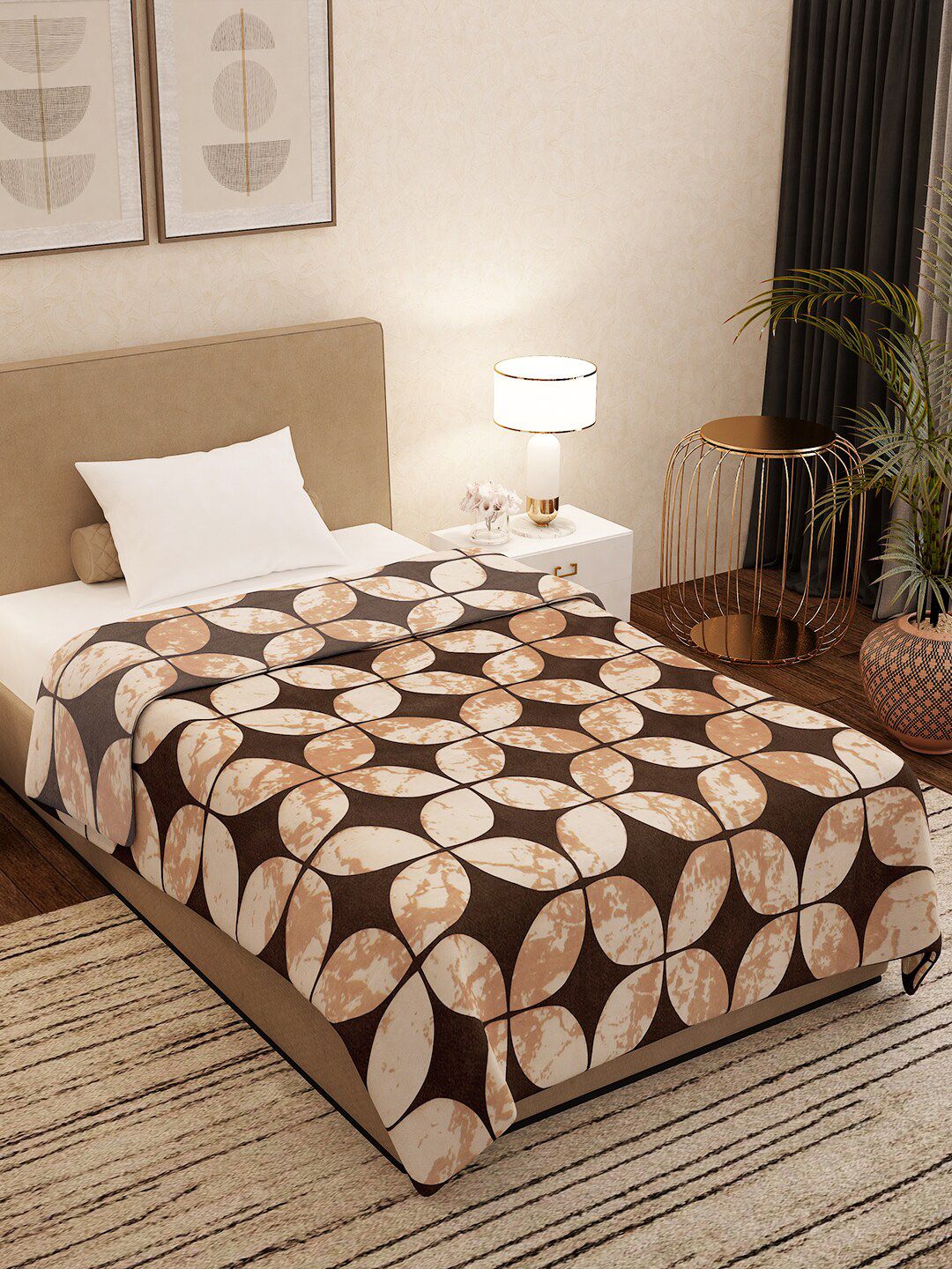 300 GSM Single Bed Blanket Story@home Brown & Beige Geometric AC Room 300 GSM Single Bed Blanket